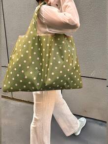This Spacious, Foldable Casual Tote Bag Is An Essential Item For Autumn And Winter. Stylish And Portable, It's Suitable For Shopping, Travel, School, And Various Other Occasions. Its Simple And Fashionable Design In A Solid Color Is Perfect For Storing School Supplies. The Green Polka Dot Foldable Shopping Bag Is Multi-Purpose. - Multicolor - View 3