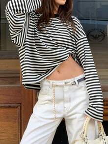 Women's Round Neck Drop Shoulder Long Sleeve Striped Contrast Ribbed Casual T-Shirt - Black and White - View 3
