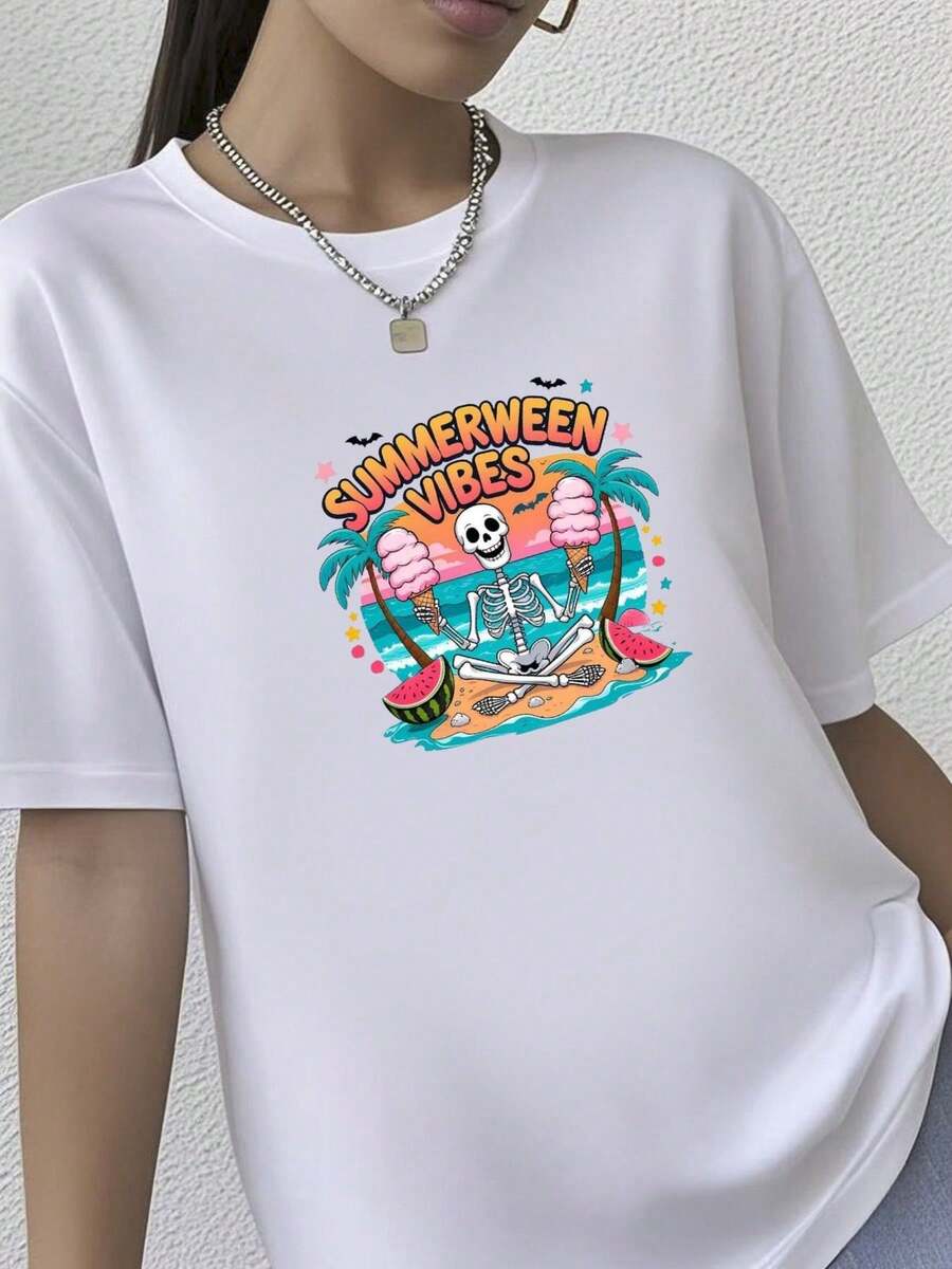 180g pure Cotton Maglietta scheletro Summerween, maglietta Summer-ween, maglietta estiva spettrale, maglietta estiva di Halloween, regalo per Halloween, Halloween tutto l'anno, scheletro da spiaggia Stylish female Slightly Unisex fashion Breathable graphic Summer - Blanco - Ver 1