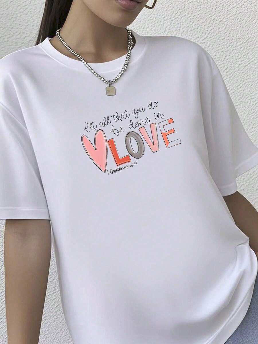 180g pure Cotton ® Love Shirt, Let All That You Do Be Done In Love Shirt, Valentine Day Shirt, Heart Valentine Shirt, Gift for Beloved Summer female Comfortable Soft Women Top Graphic Tees Versatile fashion Print Round Neck Short Sleeve women Stylish Casual graphic - Blanco - Ver 1