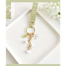 Elegant Pink Green PU Leather Keychain With Lily Of The Valley Charm And Gold Ring - Floral Design Suitable For Keys, Cars, Bags, Valentine's Day And New Year Gifts, Cute Keychain - màu xanh lá - Xem 5