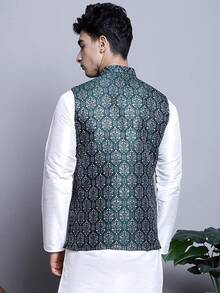 Men's Nehru Jacket  Traditional Vest Brocade Waistcoat Bandhgala Festive Wedding Outfithalloween - 橄欖 - 查看 3