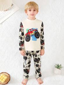 BrownBark Conjunto de 2 piezas de camiseta de manga larga con cuello redondo y gráfico de carro todoterreno + pantalones casuales para niños pequeños, ropa casual cómoda para niños, adecuada para uso diario, excelente como regalo diario