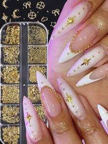 1 Box funkelnde goldene Stern Schleifen, Cut Out herzförmige Nieten Nail Art Accessoires, 3D Schneeflocke Stern Blume Mond Legierung Metall Nagel Zubehör, Maniküre Dekorationen, Nail Art Schmuck, Edelsteine