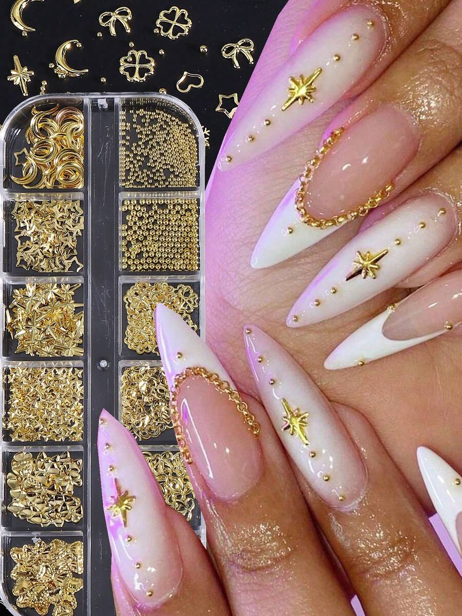 1 Box funkelnde goldene Stern Schleifen, Cut Out herzförmige Nieten Nail Art Accessoires, 3D Schneeflocke Stern Blume Mond Legierung Metall Nagel Zubehör, Maniküre Dekorationen, Nail Art Schmuck, Edelsteine