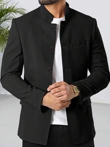 Mens Casual Suit Blazer Jackets Stand Mandarin Collar Lightweight Lined Business Dress Sport Coats - 黑色 - 查看 1