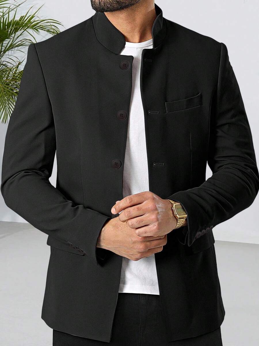 Mens Casual Suit Blazer Jackets Stand Mandarin Collar Lightweight Lined Business Dress Sport Coats - 黑色 - 查看 1