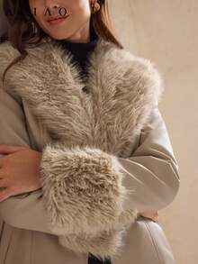 Áo khoác Aliao thắt eo, cổ lông giả, phối da, ấm áp, áo khoác mùa đông, trang phục mùa đông dành cho nữ, váy thanh lịch, cần thiết cho mùa cưới, phù hợp cho các bữa tối trang trọng, họp mặt gia đình, sự kiện tựu trường, phong cách cung đình. - Màu be - Xem 3