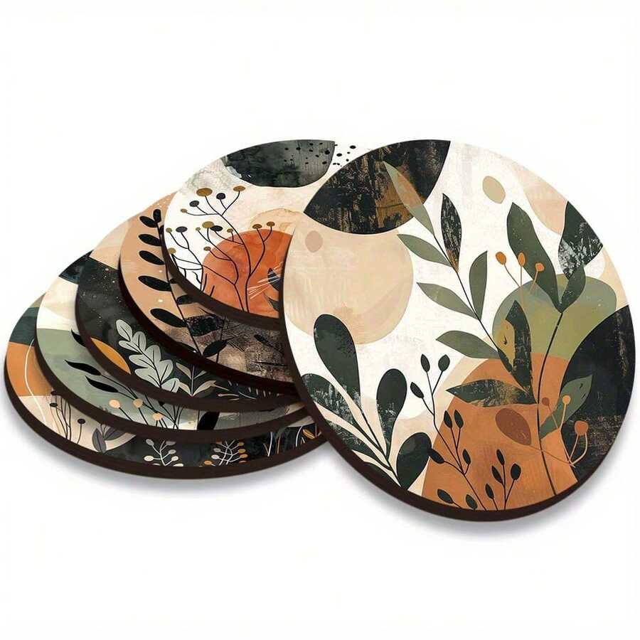 Set Of 6 Geometric Botanical Printed Wooden Coasters,Unique Pop Art,Suitable For Kitchen,Bedroom,Living Room,Kitchen Decor,Kitchen Accessories,Table Decor,Christmas Gift,Christmas Decoration,Choose 1 Set Or 31 Sets,Size 3.74*3.74 Inch - Multicolor - View 1