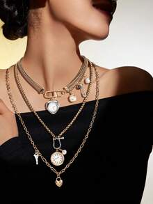 3pcs Set Wrist Watch Pendant Necklace, Double Layer Metal Chain Necklace With Contrast Color Pendant Charm, Suitable For Casual Wear And Gift, Multifunctional Accessory For All Seasons - Multicolor - View 12