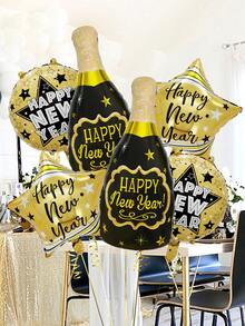 6 件/套 2026 新年快乐黑色和金色铝箔气球，包括酒瓶和星形铝箔气球，适用于 2026 黑色和金色新年派对、除夕装饰、圣诞派对、生日、毕业典礼、拍照道具、节日装饰 - 彩色 - 查看 5