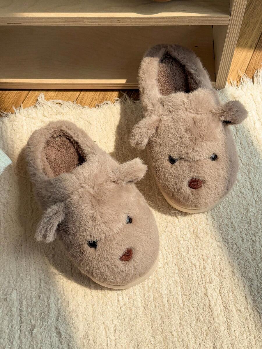 Brązowe, kreskówkowe, urocze kapcie EVA z motywem zwierzątek, pluszowe, grube i puszyste, do użytku wewnątrz i na zewnątrz, zimowe