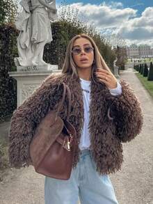 Luxuriöser Fake-Pelz flauschiger offener Mantel, langärmeliger Wintermode-Mantel, ein auffälliges Stücke, elegante Abend-Jacke, eine reizvolle Wahl für Feiertagspartys - Damen Jacke Mantel.