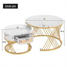2 in 1 Runder Couchtisch aus MDF, Beistelltisch mit Tischplatte aus Marmor und Schubladen aus Kunststoff-Rattan, Griffe aus Massivholz. goldene Eisenfüße. 70*70*45,5+50*50*38,5cm
