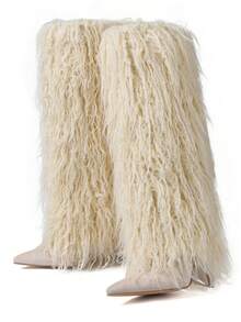 Fur Knee High Long Boots For Women Halloween Fashionable Pointed Toe Stiletto High Heel Boots Furry Fluffy Slip On Fall Boots - Màu be - Xem 2