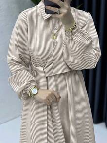 条纹棉质衬衫裙，现代伊斯兰风格，女士休闲阿拉伯连衣裙 - 卡其色 - 查看 9