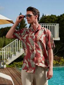 Men's Silk Hawaiian Floral Shirts Short Sleeve Button Down Casual Tropical Holiday Beach Shirtshalloween - Đỏ nhạt - Xem 5