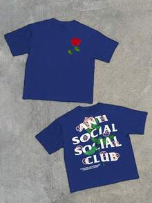 1pcs Men's Rose Graphic Size Plus Double Sided Digital Printed 220g T Shirt Streetwear 100% Cotton Casual Graphic Tee Anti Social Club Fashion - 藍色 - 查看 1