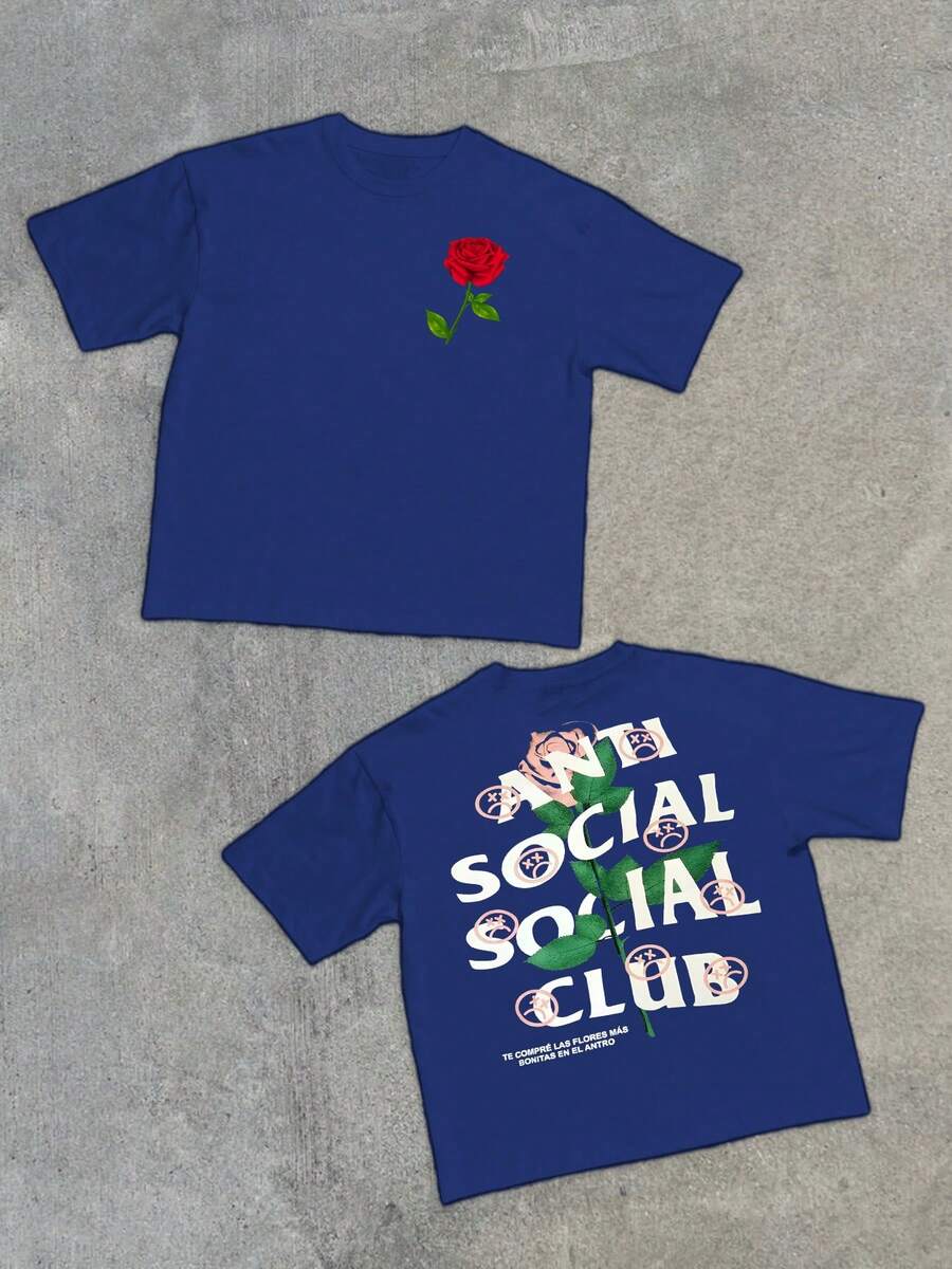 1pcs Men's Rose Graphic Size Plus Double Sided Digital Printed 220g T Shirt Streetwear 100% Cotton Casual Graphic Tee Anti Social Club Fashion - 藍色 - 查看 1