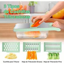 Picadora de Verduras, Cortador de Verduras Multifuncional 6 en 1 con 6 Cuchillas Acero Inoxidable - Mandolina para Cocina con Contenedor, para Frutas y Ensaladas - Azul cian - Ver 5