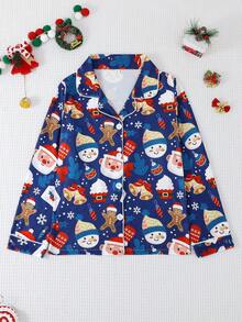 2 件套女孩和青少年休闲卡通圣诞老人印花翻领长袖开衫和裤子睡衣套装，阻燃，适合所有季节和圣诞节