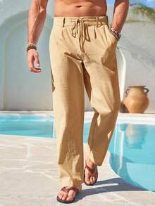 Mens Linen Cotton Casual Pants Elastic Waist Drawstring Lightweight Pants Loose Fit Summer Beach Yoga Trousers - 卡其色 - 查看 3