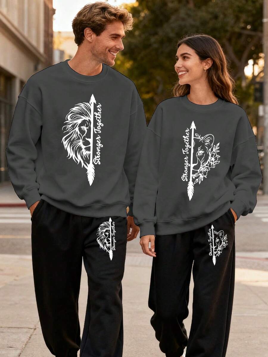(2PC)VTUTOK Couple's Unisex Men's Printed Round Neck Sports Shirt And Pants Set, Street Style Long Sleeved Sports Shirt Top+Drawstring Waist Sports Pants Casual Set, Autumn And Winter Round Neck Sweatshirt And Pants Set,Lion - 男士-深灰色 - 查看 1