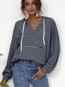 هوديي كاجوال مخطط للنساء، هوديي أنيق ومريح، هوديي نسائي عالي الجودة للخريف، هوديي بنمط كاجوال للعطلات، هوديي مخطط بألوان متباينة للتنقل اليومي