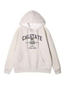 女士休闲宽松圆领卡通字母印花卫衣，秋冬季舒适保暖 - 淺灰色 - 查看 3