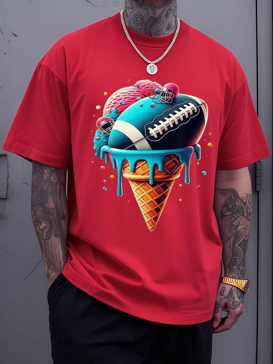 Ice Cream Cone Blending Vibrant Scoops With American Football Elements Symbolizing Playful Energy And Sports Passion Men 100% Cotton Tshirt - 紅色 - 查看 1