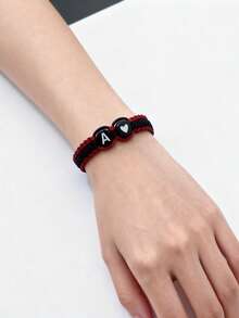 1pc Black Letter Heart Couple Bracelet, Handmade Woven Bracelet Representing Love, Adjustable Length, Gift For Mom, Sister, Daughter, Mother's Day, Christmas, Jewelry, Accessories