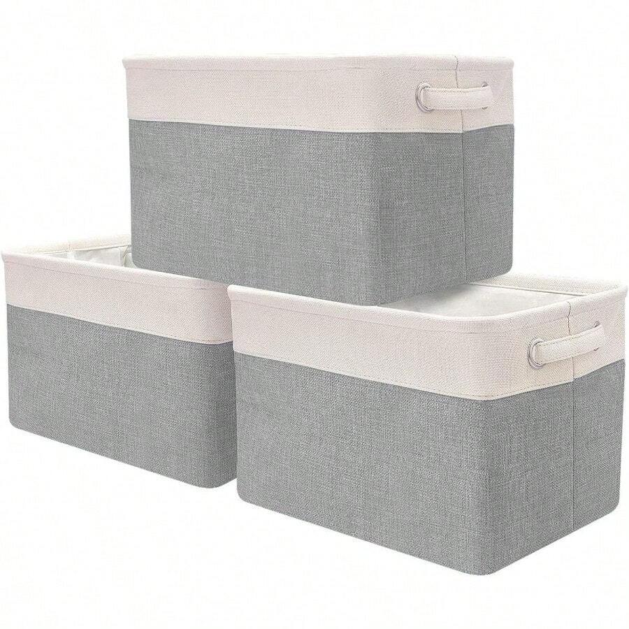 LOONGSUEN 3Pack Collapsible Fabric Storage Baskets 40x33x25cm Rectangular Organizer Bins For Shelves Closets Nursery Home Office And Gift Storage White And Grey