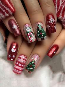 Elevate Your Style With 24pcs Press On Nails Medium Square Cute Christmas Tree Cute North Star Cane Candy Snowflake Full Coverage Fake Nails For Women And Girls Includes 1sheet Adhesive Tabs & 1pc Mini Files Suitable For Christmas Party Date And Office Daily Wear False Nails Jelly Glue Is Randomly Shipped