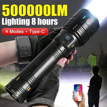 50万流明超亮LED手电筒，可充电C型战术手电筒，内置电池，4种模式，节日好礼