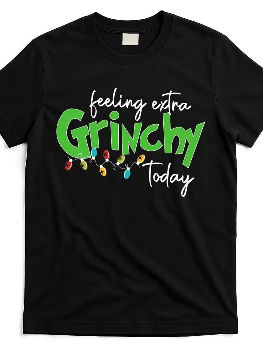 Camiseta de Navidad "Feeling Extra Grinchy Today" - Camiseta Casual Negra de Cuello Redondo con Diseño Festivo, Perfecta para Adultos, Camisetas de Navidad - Negro - Ver 1