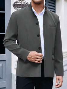 Mens Casual Suit Blazer Jackets Stand Mandarin Collar Lightweight Lined Business Dress Sport Coats - 灰色 - 查看 2