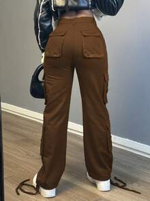 Jeans de pierna recta de talle medio - Pantalones casuales sin estiramiento con dobladillo con cordón y bolsillos cargo - Marrón - Ver 3