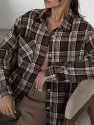 חולצת משובצת עם חזה יחיד ושרוולים ארוכים לנשים, סתיו