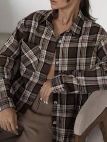 Women's Casual Long Sleeve Single-Breasted Plaid Shirt With Pockets, Autumn Spring - Multicolor - View 1