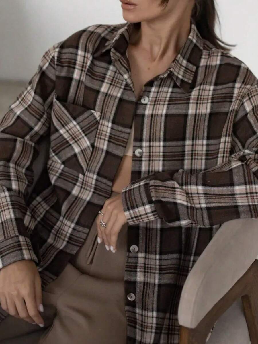 Women's Casual Long Sleeve Single-Breasted Plaid Shirt With Pockets, Autumn Spring - Multicolor - View 1