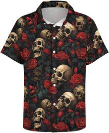 Men's Hawaiian Shirt Short Sleeve Button Down Beach Shirt Quick Dry Clothes Breathable Casual Summer Tops Dress Shirthalloween - 骷髏花玫瑰 - 查看 8