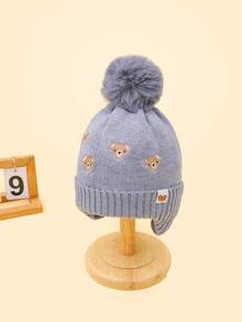 1pc Children's Embroidered Bear Ear Flap Pom Pom Knit Hat, Thick Warm Beanie For Boys & Girls, Autumn/Winter - 1PC - View 10