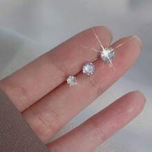 Trio Of 925 Silver Earrings With Round Zirconia Stone. 18k Gold Plated. - Plateado - Ver 3