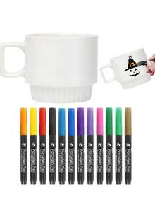 12 Colors Ceramic Painting Markers, Suitable For DIY Graffiti, Water-Based, Fade-Resistant, Perfect For Creating Art On Ceramic And Glass, Ideal Gift For Halloween, Christmas, Easter, New Year And Birthday - Multicolor - View 1