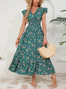 Women's A-Line Summer Dress, Ruffled Sleeves, V-Neck, Floral Print, Elastic Waist - 綠色 - 查看 4