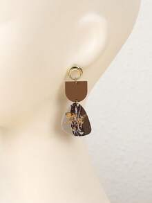 1 Pair Handmade Geometric Bicolor Gold Foil Pendant Earrings, Fashionable & Versatile For Women, Suitable For Vacation And Daily Wear - Coffee Brown - View 6