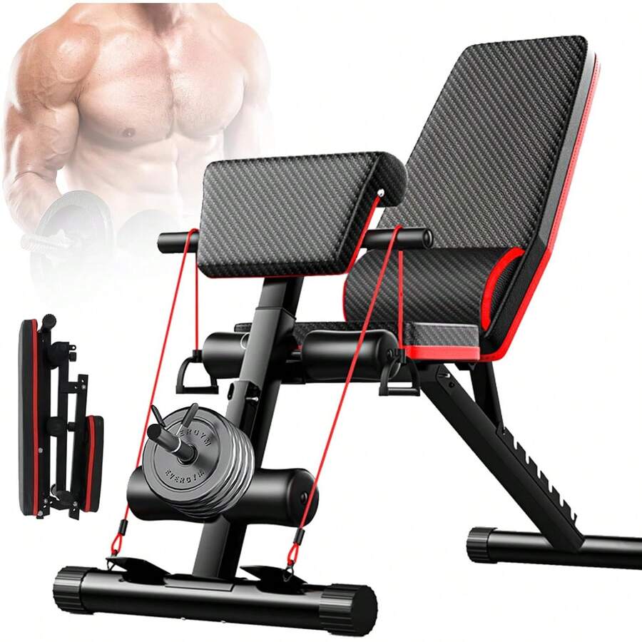 Banco de Ejercicio Multifuncional Ajustable con Banda de Resistencia y Almohadilla de Soporte de Mancuernas, Banco Pesas Multiposiciones Plegable para Entrenamiento en Casa, Gimnasio, Levantamiento de Pesas, Ejercicio y Entrenamiento de Cuerpo Completo - 1 - Ver 1