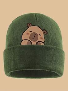 1 件可爱水豚印花针织帽，可爱百搭设计，男女通用，舒适轻便的冬季滑雪帽，时尚弹力无檐帽，适合父母的秋冬保暖配饰，适合万圣节、徒步旅行、露营、圣诞节等户外活动，适合送给家人和朋友的礼物