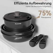 Topfset mit Abnehmbarer Griff, 17-Teilig Topfsets Pfannenset mit Antihaft Beschichtet, Topfset Induktion Kochtopf Set mit Deckel, für Alle Herdarten, Backofenfest, Ofenfest (grau) YAD6 - Grad - Übersicht 3