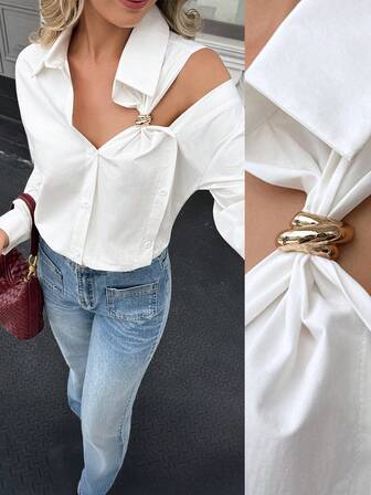 Blusa suelta de manga larga con hombros caídos, botones metálicos, diseño hueco y lazo para mujer